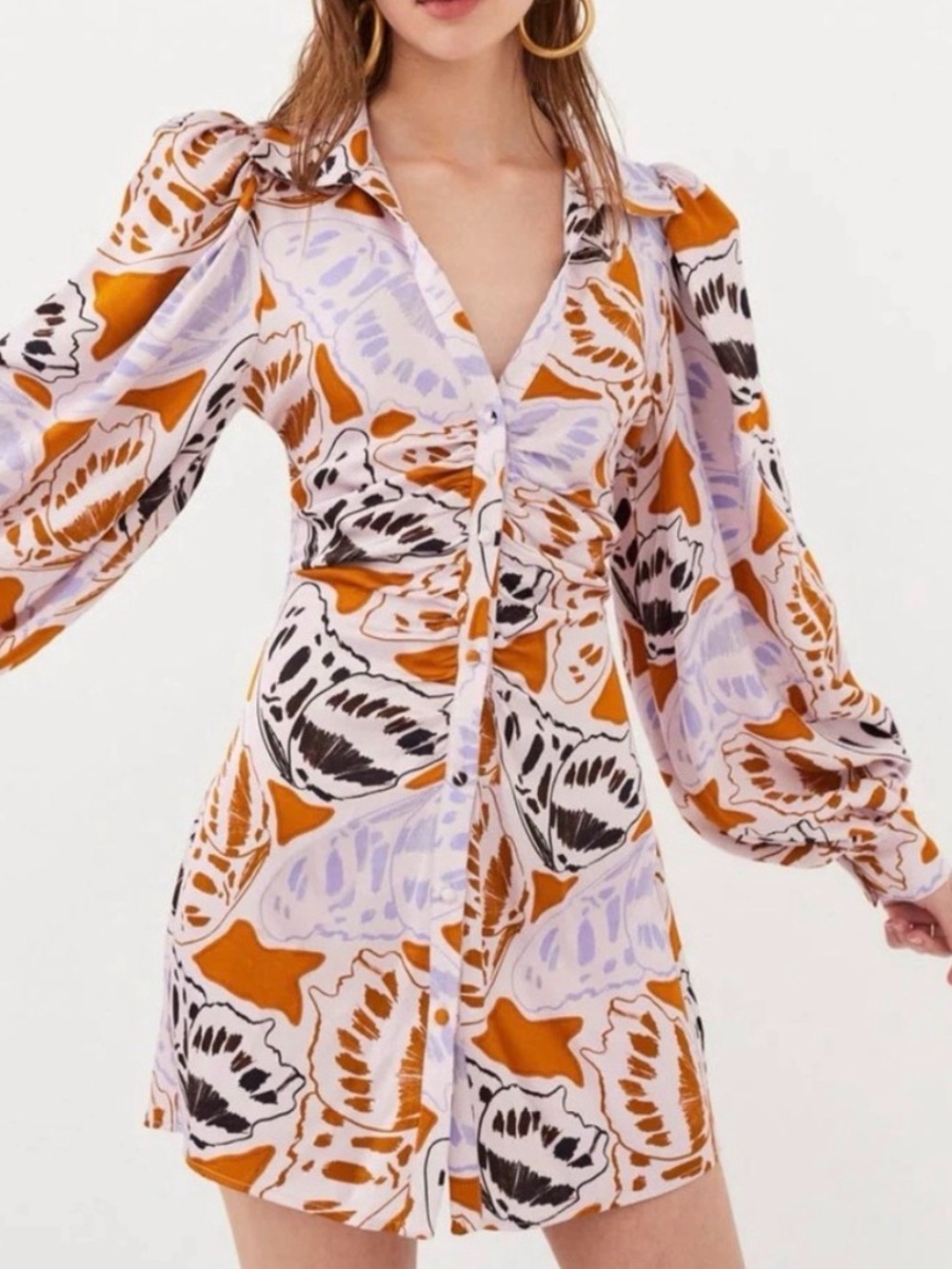 For Love & Lemons Orange, Lavender & Black Floral Puff-Sleeve Mini Dress